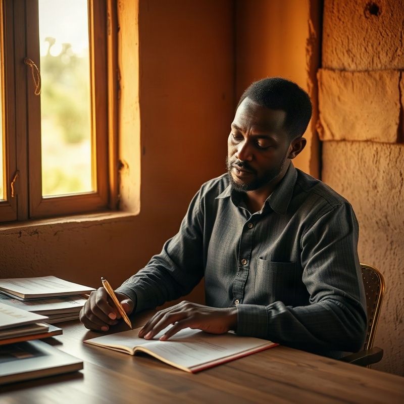 A shop owner reviewing a handwritten checklist at a wooden desk in natural window light