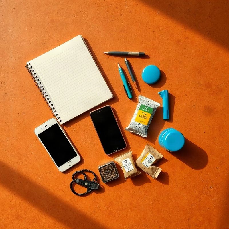 Overhead flat-lay of notebook, phone, and small packaged goods on a terracotta surface