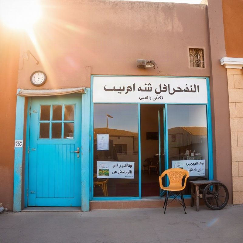The azure-blue entrance of the Terraispark office on a Garissa street in golden midday light